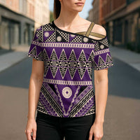 Vintage Bula Fiji Cross Shoulder Shirt Purple Tapa Masi Motif LT9 - Polynesian Pride