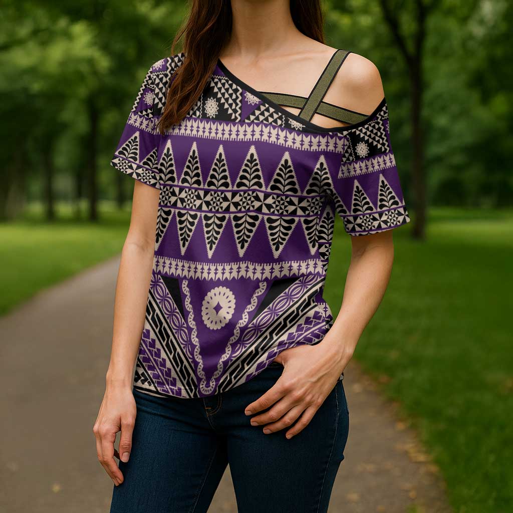 Vintage Bula Fiji Cross Shoulder Shirt Purple Tapa Masi Motif LT9 - Polynesian Pride