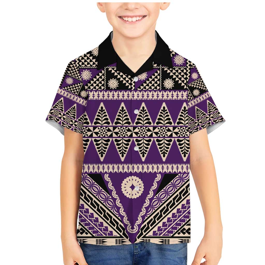 Vintage Bula Fiji Family Matching Mermaid Dress and Hawaiian Shirt Purple Tapa Masi Motif