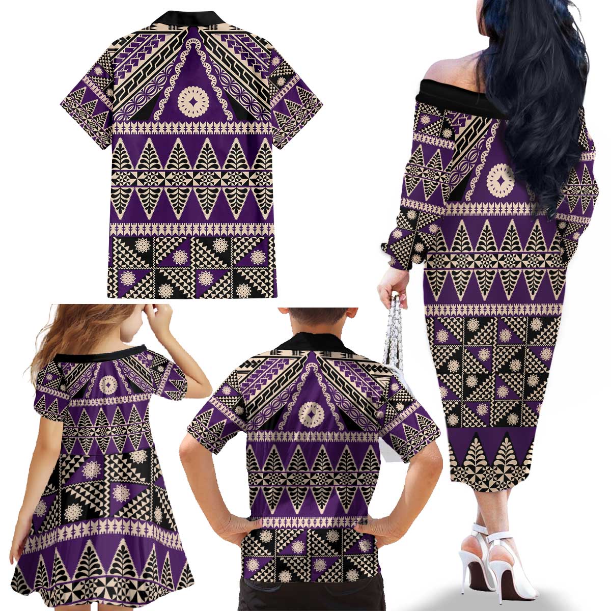 Vintage Bula Fiji Family Matching Off The Shoulder Long Sleeve Dress and Hawaiian Shirt Purple Tapa Masi Motif