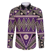 Vintage Bula Fiji Family Matching Off The Shoulder Long Sleeve Dress and Hawaiian Shirt Purple Tapa Masi Motif