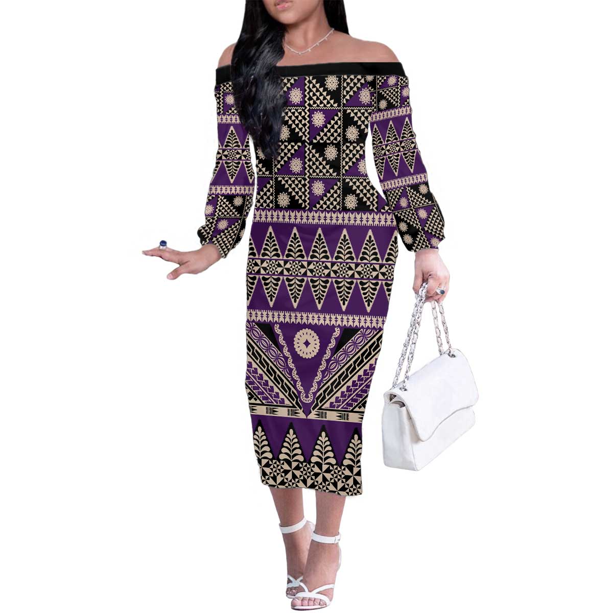 Vintage Bula Fiji Family Matching Off The Shoulder Long Sleeve Dress and Hawaiian Shirt Purple Tapa Masi Motif