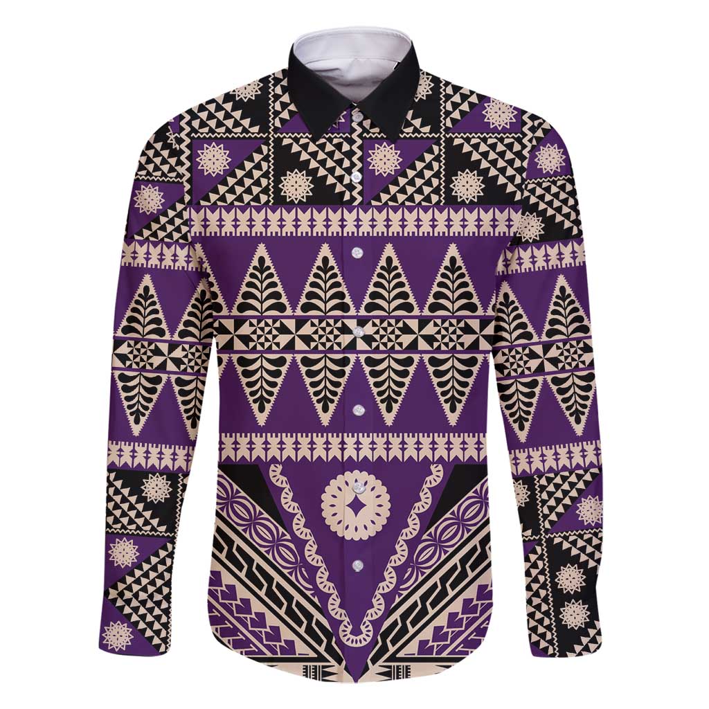 Vintage Bula Fiji Family Matching Off Shoulder Maxi Dress and Hawaiian Shirt Purple Tapa Masi Motif