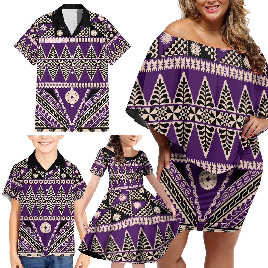 Vintage Bula Fiji Family Matching Off Shoulder Short Dress and Hawaiian Shirt Purple Tapa Masi Motif