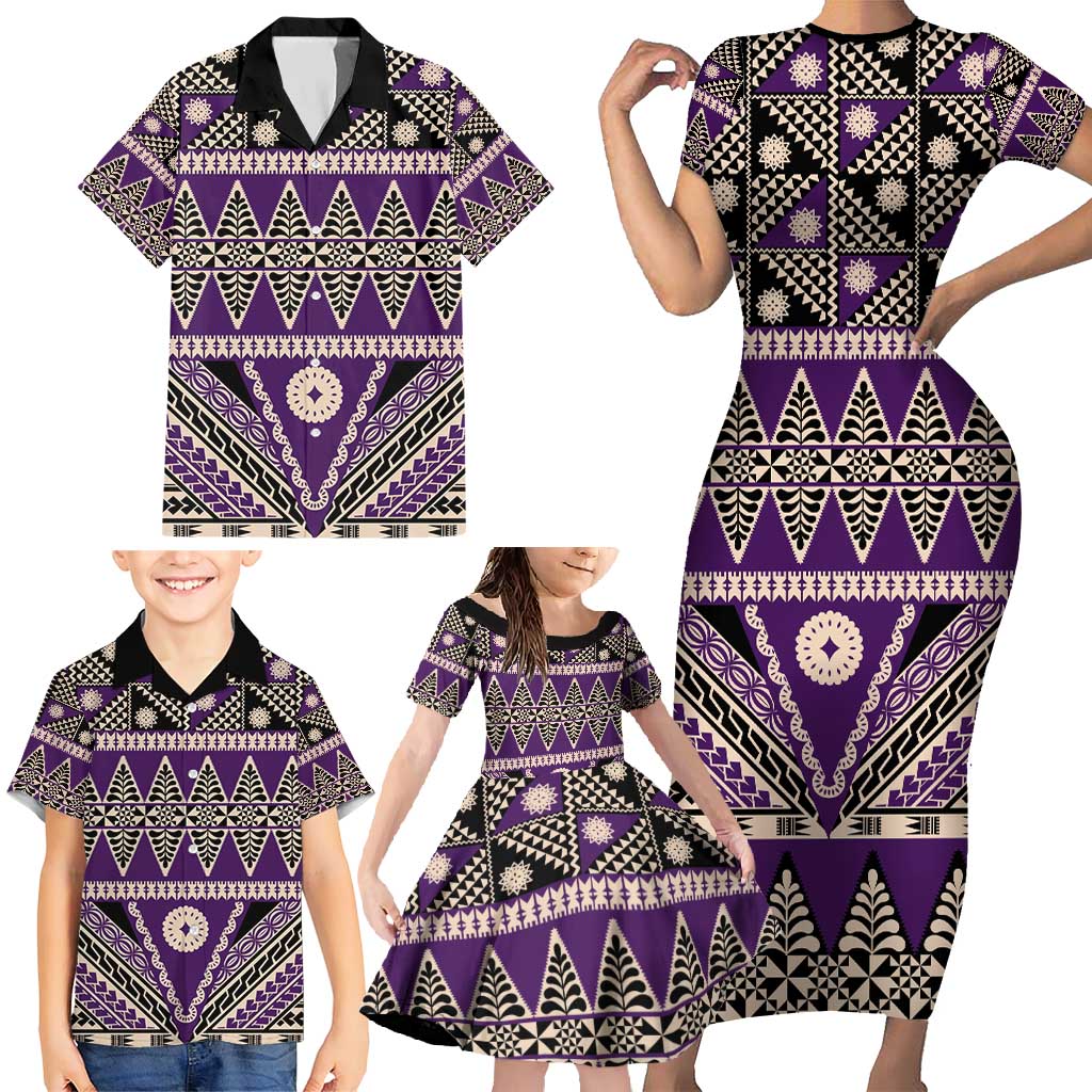 Vintage Bula Fiji Family Matching Short Sleeve Bodycon Dress and Hawaiian Shirt Purple Tapa Masi Motif
