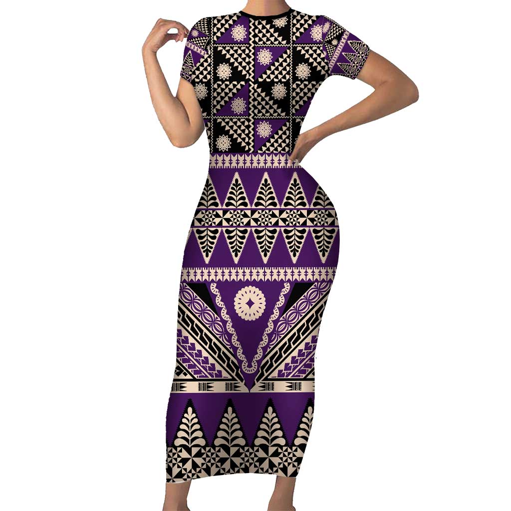 Vintage Bula Fiji Family Matching Short Sleeve Bodycon Dress and Hawaiian Shirt Purple Tapa Masi Motif