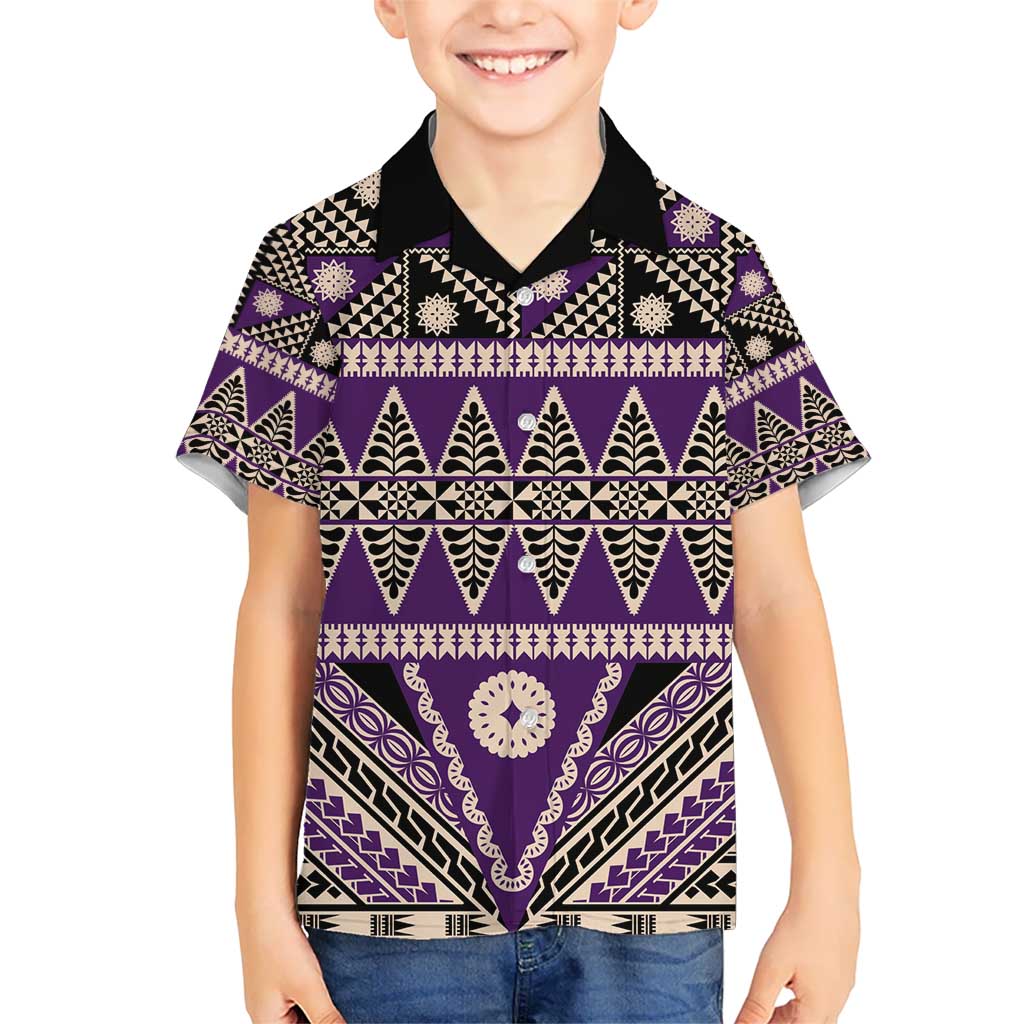 Vintage Bula Fiji Kid Hawaiian Shirt Purple Tapa Masi Motif