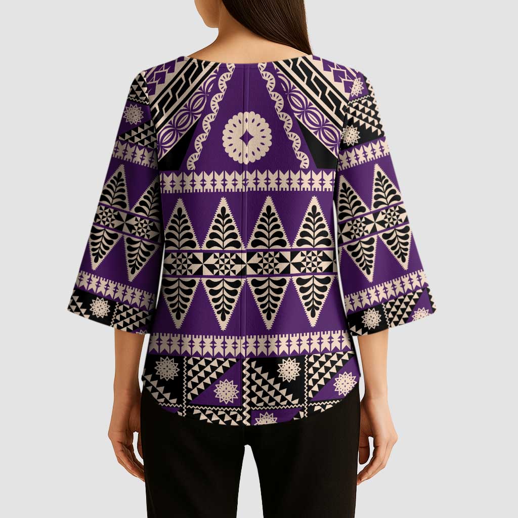 Vintage Bula Fiji Kimono Sleeve Blouse Purple Tapa Masi Motif - Polynesian Pride