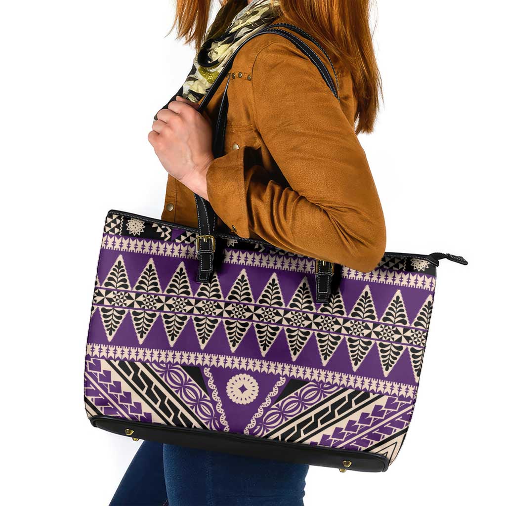 Vintage Bula Fiji Leather Tote Bag Purple Tapa Masi Motif