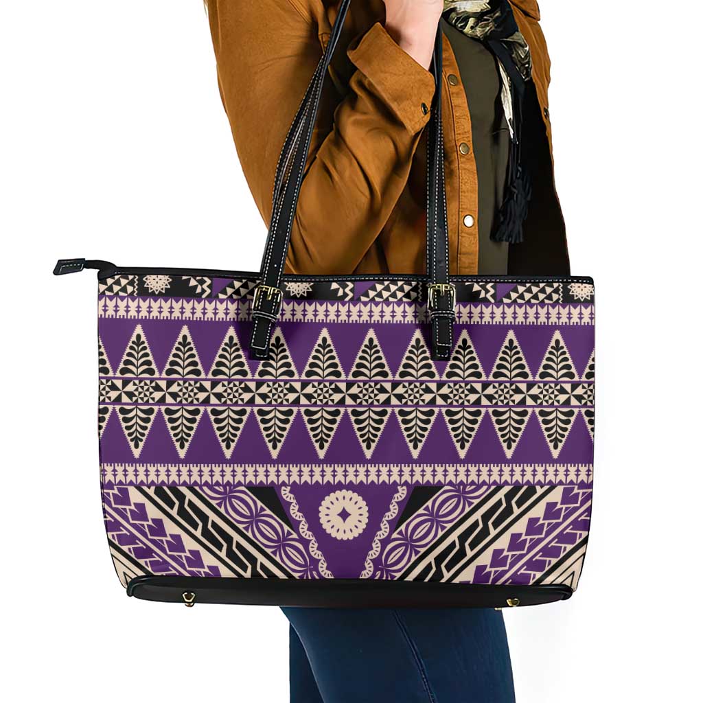 Vintage Bula Fiji Leather Tote Bag Purple Tapa Masi Motif