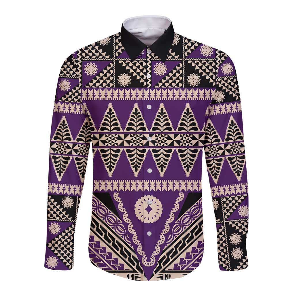 Vintage Bula Fiji Long Sleeve Button Shirt Purple Tapa Masi Motif