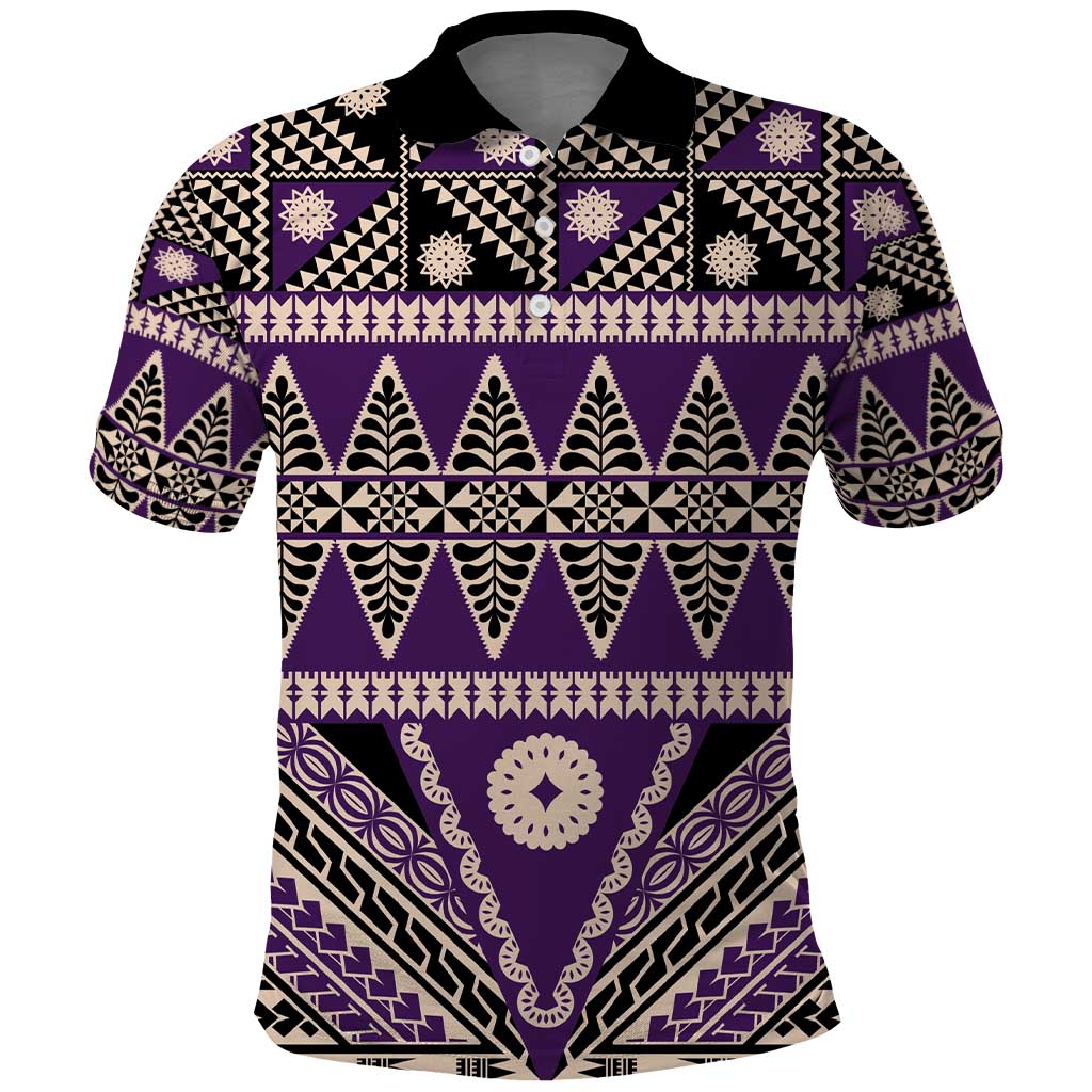 Vintage Bula Fiji Polo Shirt Purple Tapa Masi Motif