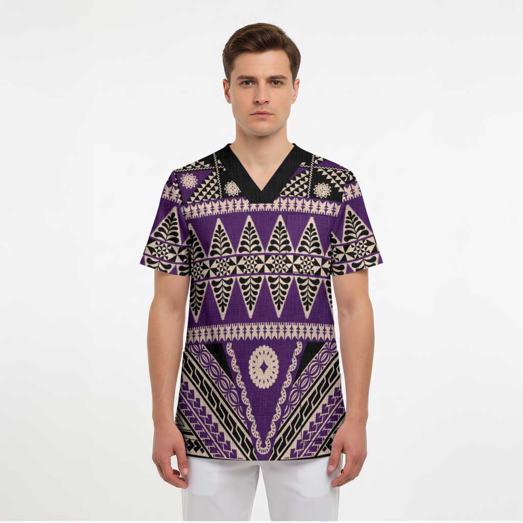 Vintage Bula Fiji Scrub Top Purple Tapa Masi Motif - Polynesian Pride