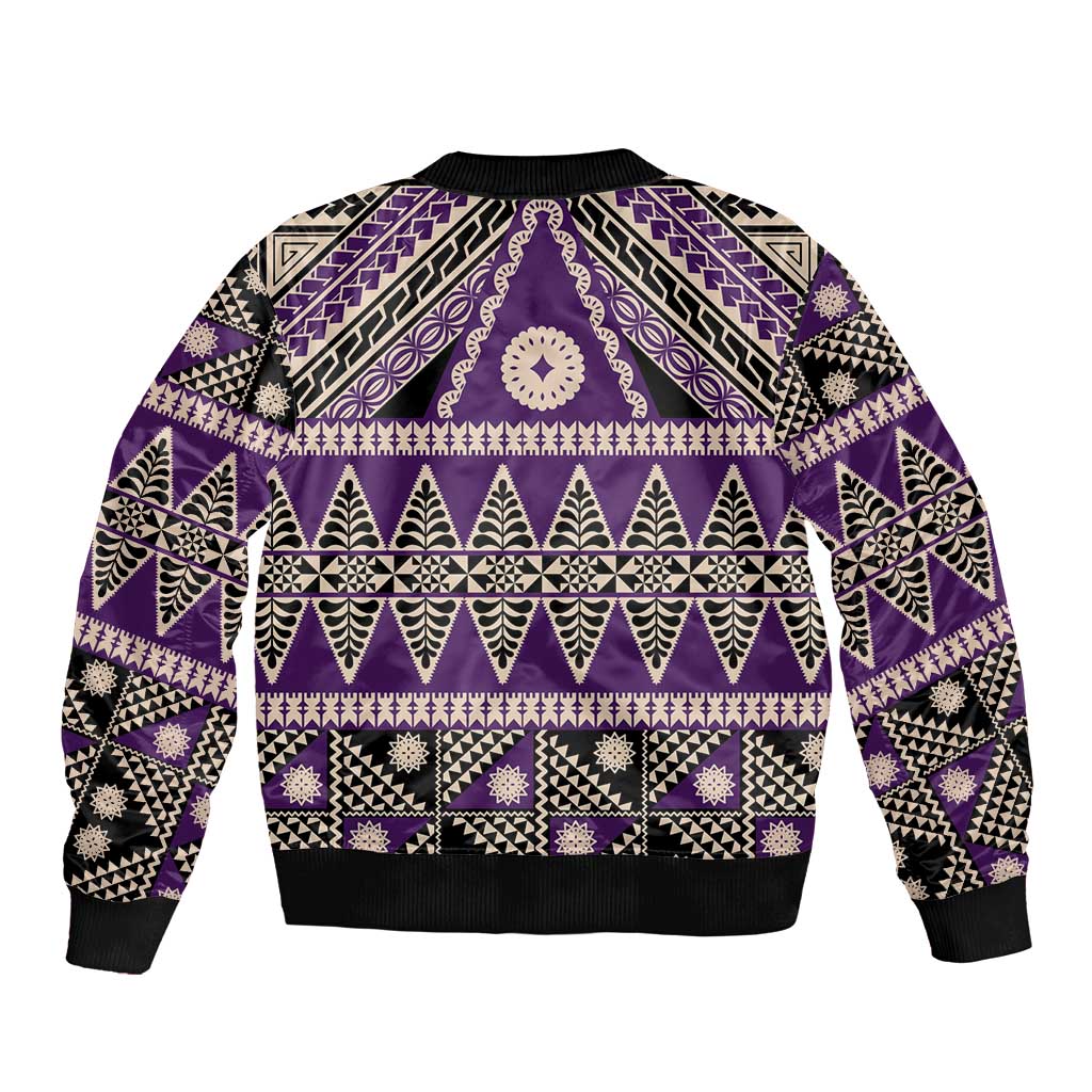 Vintage Bula Fiji Sleeve Zip Bomber Jacket Purple Tapa Masi Motif