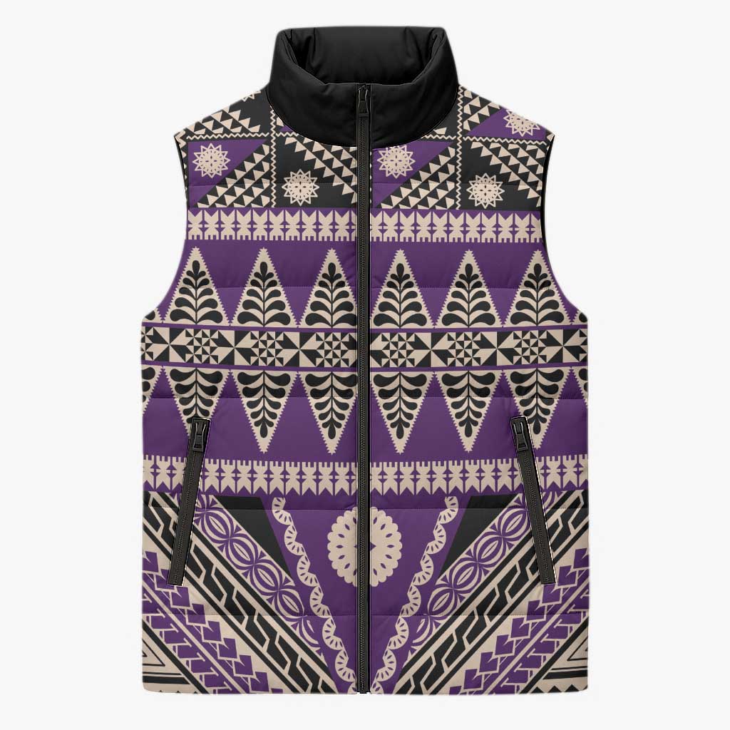 Vintage Bula Fiji Sleeveless Puffer Jacket Purple Tapa Masi Motif - Polynesian Pride