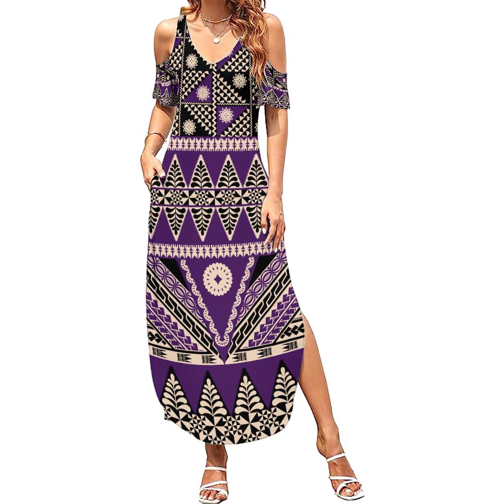 Vintage Bula Fiji Summer Maxi Dress Purple Tapa Masi Motif
