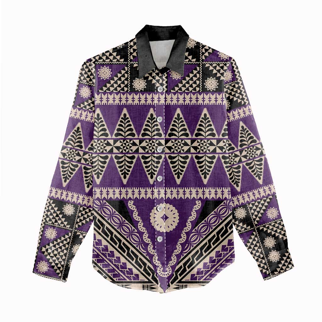 Vintage Bula Fiji Women Casual Shirt Purple Tapa Masi Motif