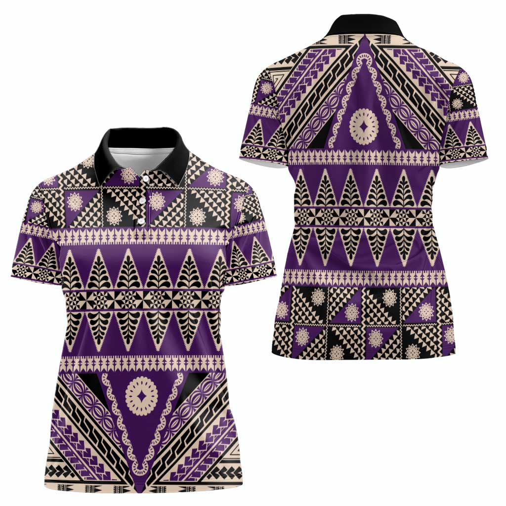 Vintage Bula Fiji Women Polo Shirt Purple Tapa Masi Motif