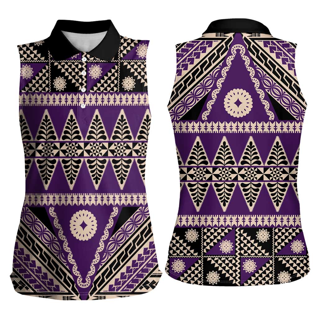 Vintage Bula Fiji Women Sleeveless Polo Shirt Purple Tapa Masi Motif