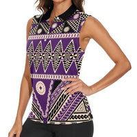 Vintage Bula Fiji Women Sleeveless Polo Shirt Purple Tapa Masi Motif