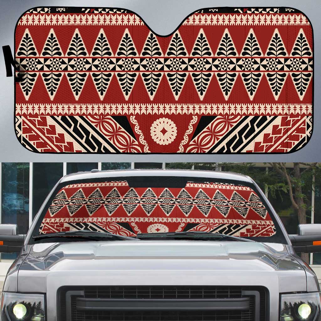 Vintage Bula Fiji Auto Sun Shade Red Tapa Masi Motif - Polynesian Pride