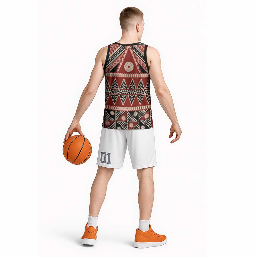 Vintage Bula Fiji Basketball Jersey Red Tapa Masi Motif LT9 - Polynesian Pride