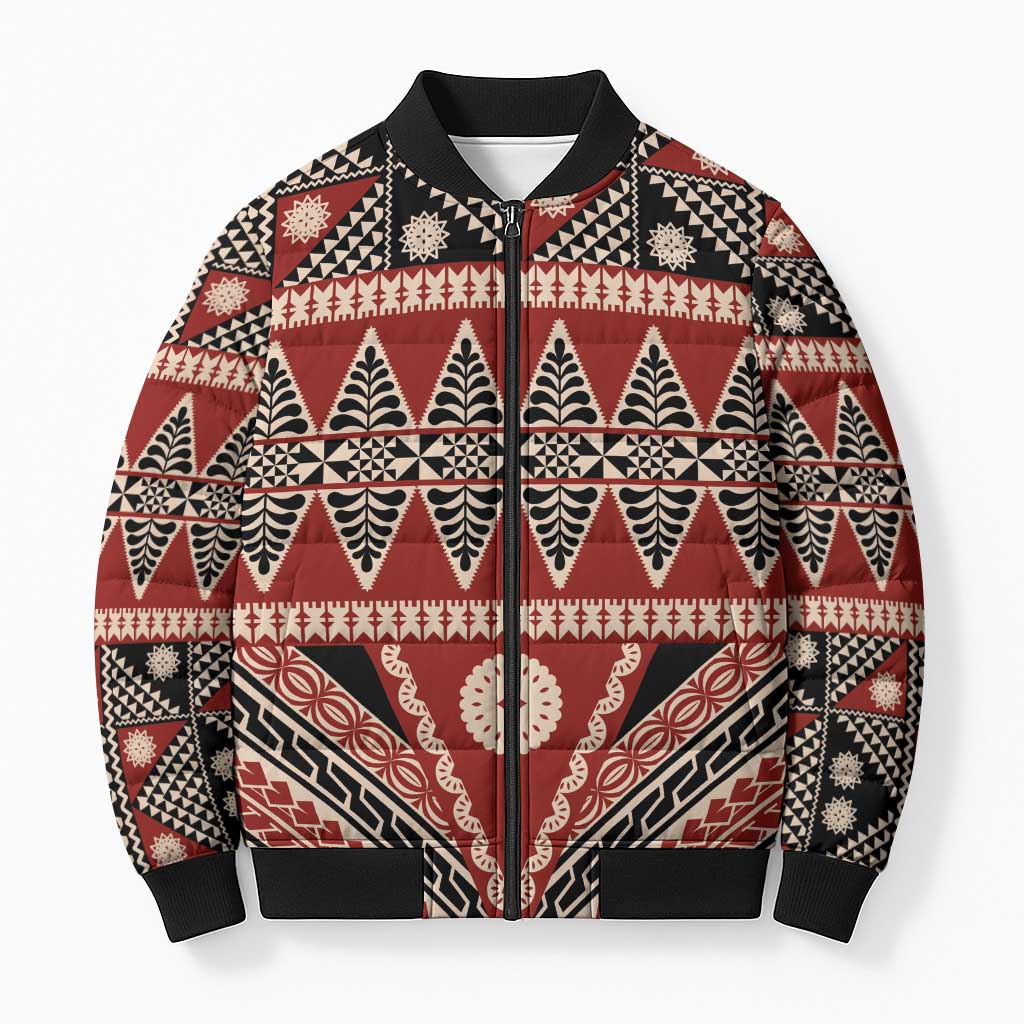 Vintage Bula Fiji Bomber Puffer Jacket Red Tapa Masi Motif LT9 Unisex Red - Polynesian Pride