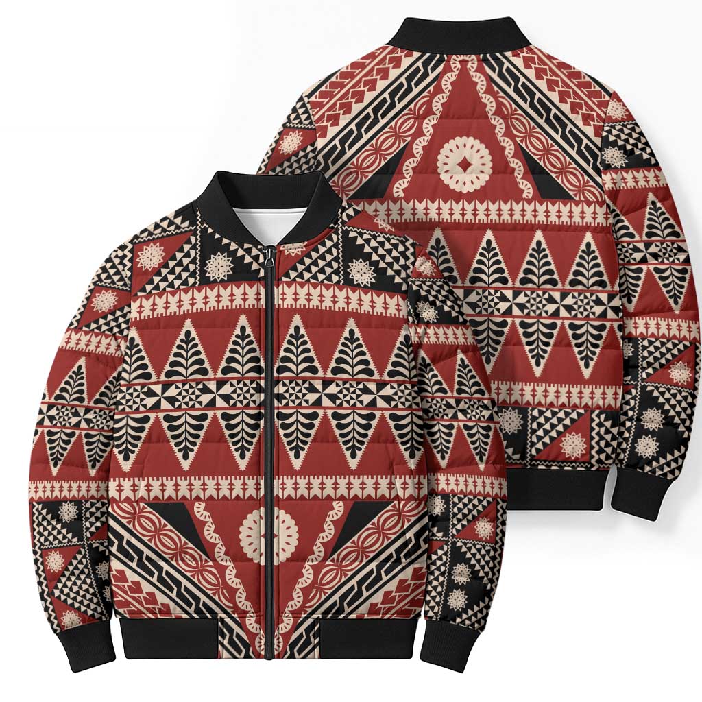 Vintage Bula Fiji Bomber Puffer Jacket Red Tapa Masi Motif LT9 - Polynesian Pride
