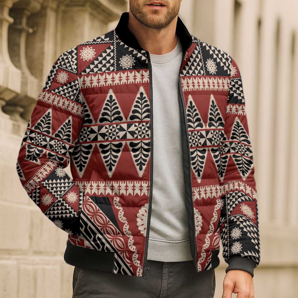 Vintage Bula Fiji Bomber Puffer Jacket Red Tapa Masi Motif LT9 - Polynesian Pride