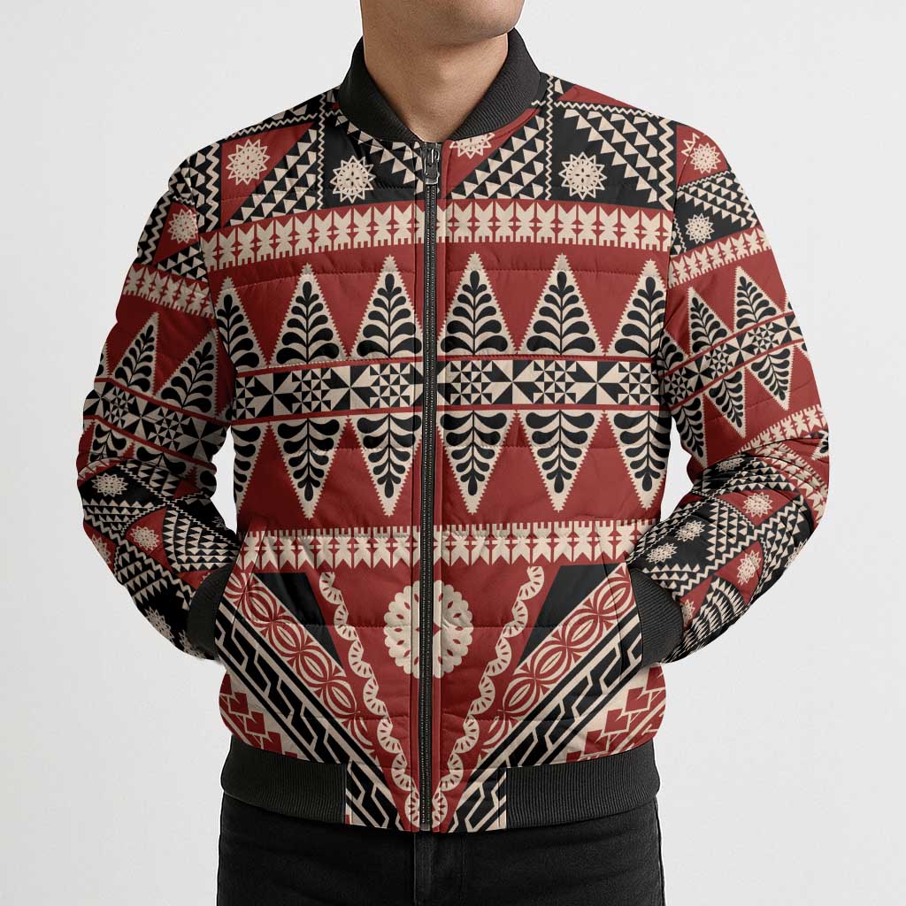 Vintage Bula Fiji Bomber Puffer Jacket Red Tapa Masi Motif LT9 - Polynesian Pride