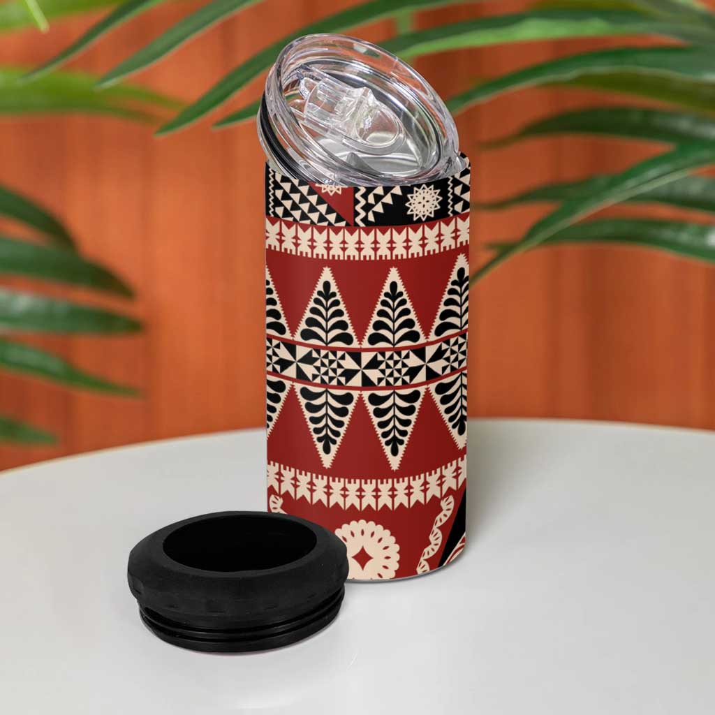 Vintage Bula Fiji 4 in 1 Can Cooler Tumbler Red Tapa Masi Motif