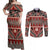 Vintage Bula Fiji Couples Matching Off Shoulder Maxi Dress and Long Sleeve Button Shirt Red Tapa Masi Motif
