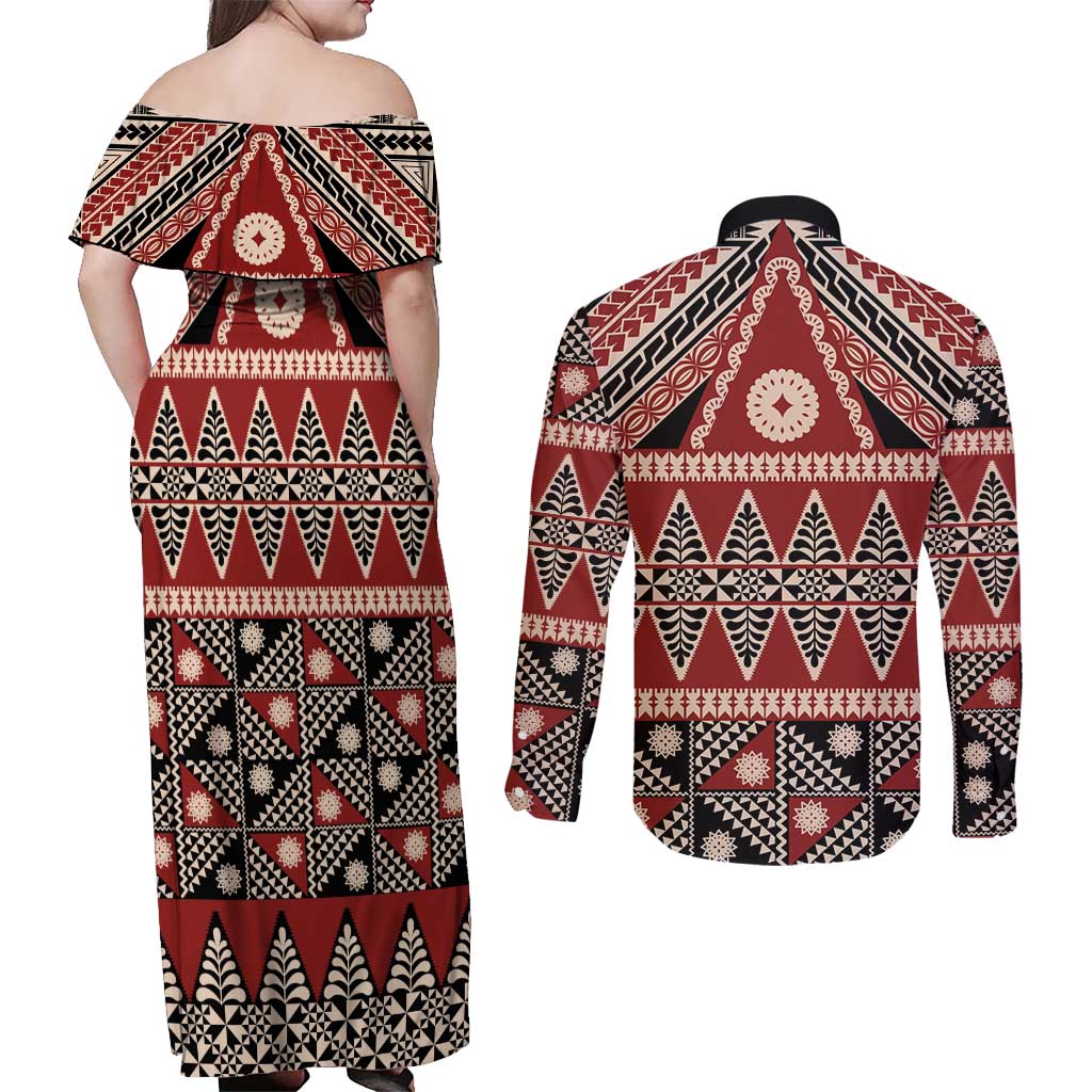 Vintage Bula Fiji Couples Matching Off Shoulder Maxi Dress and Long Sleeve Button Shirt Red Tapa Masi Motif