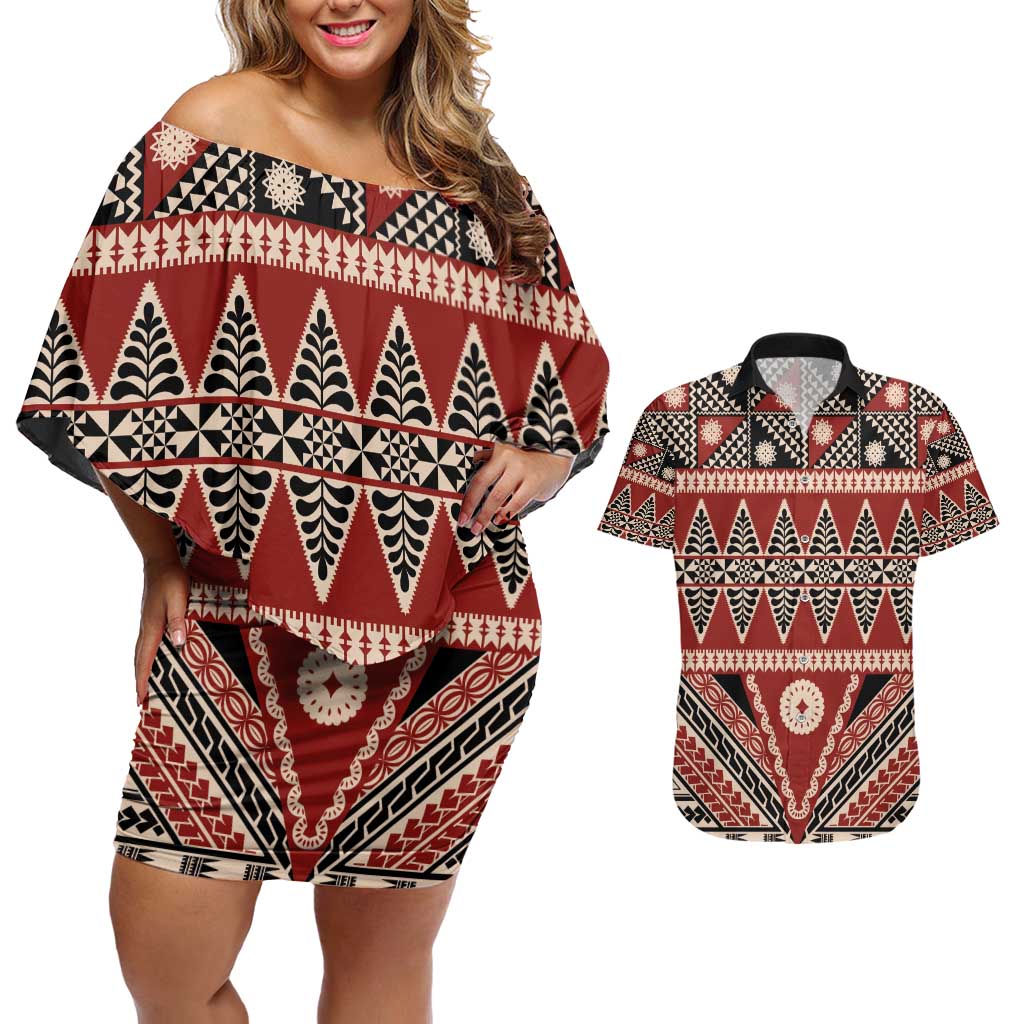 Vintage Bula Fiji Couples Matching Off Shoulder Short Dress and Hawaiian Shirt Red Tapa Masi Motif