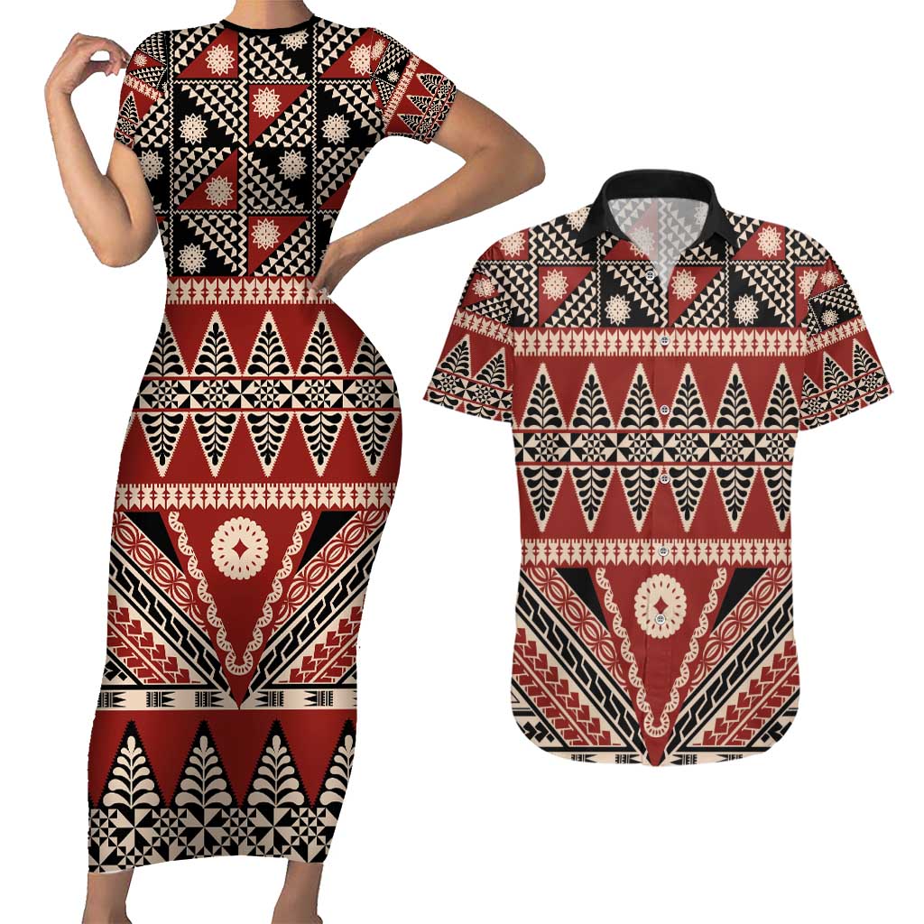 Vintage Bula Fiji Couples Matching Short Sleeve Bodycon Dress and Hawaiian Shirt Red Tapa Masi Motif