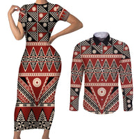 Vintage Bula Fiji Couples Matching Short Sleeve Bodycon Dress and Long Sleeve Button Shirt Red Tapa Masi Motif