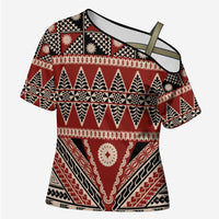 Vintage Bula Fiji Cross Shoulder Shirt Red Tapa Masi Motif LT9 Female Red - Polynesian Pride