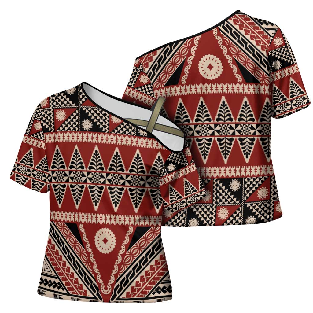Vintage Bula Fiji Cross Shoulder Shirt Red Tapa Masi Motif LT9 - Polynesian Pride