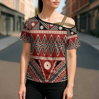 Vintage Bula Fiji Cross Shoulder Shirt Red Tapa Masi Motif LT9 - Polynesian Pride