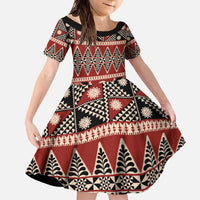 Vintage Bula Fiji Family Matching Off The Shoulder Long Sleeve Dress and Hawaiian Shirt Red Tapa Masi Motif