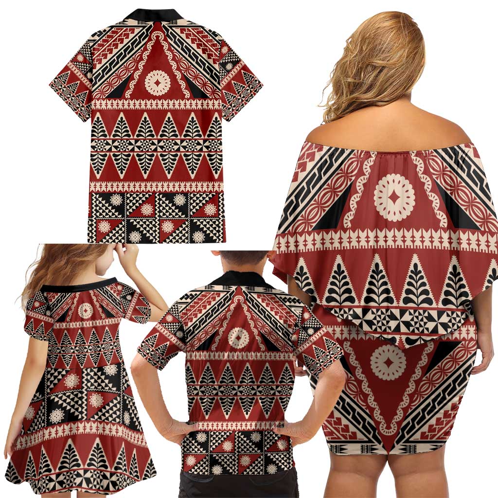Vintage Bula Fiji Family Matching Off Shoulder Short Dress and Hawaiian Shirt Red Tapa Masi Motif
