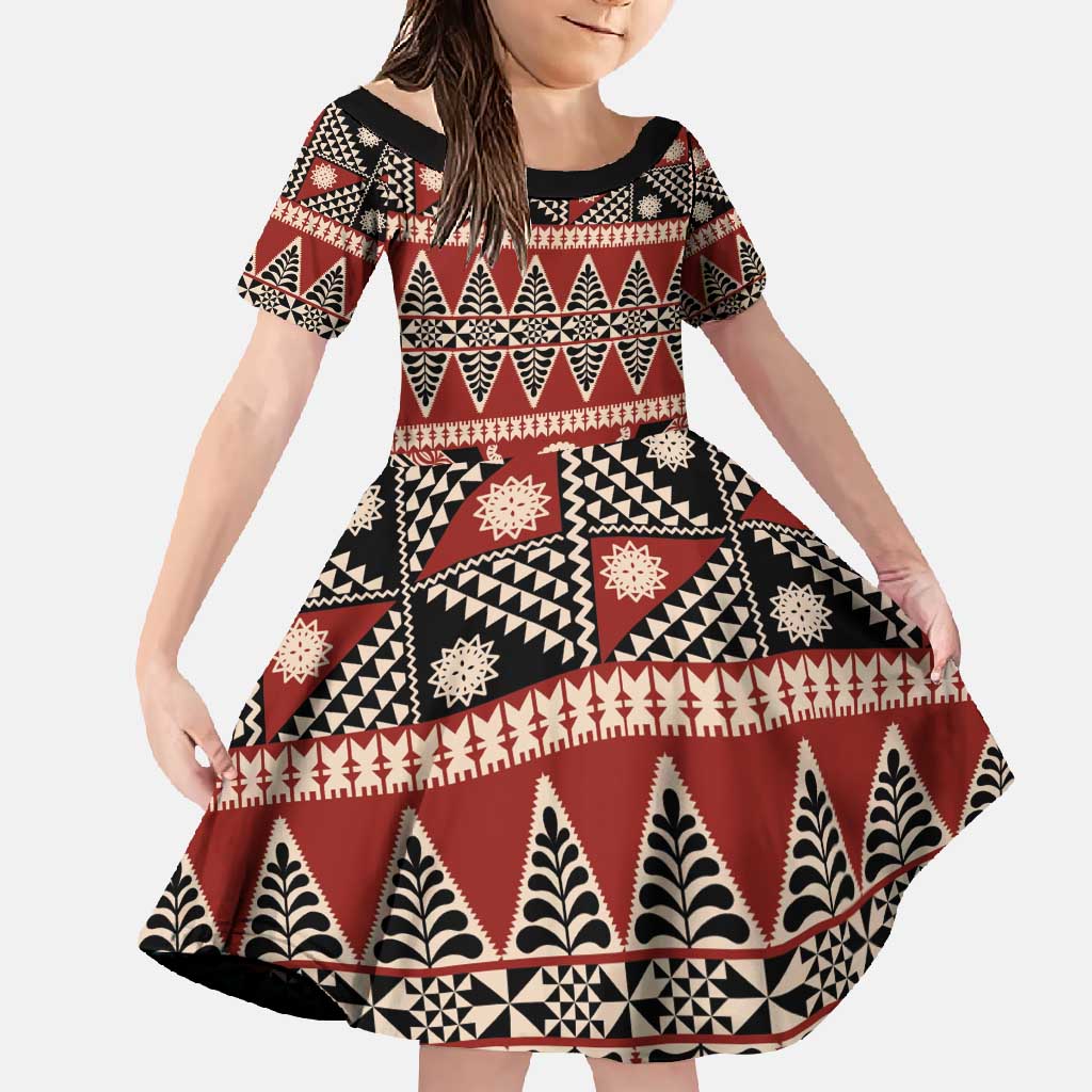 Vintage Bula Fiji Family Matching Short Sleeve Bodycon Dress and Hawaiian Shirt Red Tapa Masi Motif