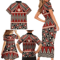 Vintage Bula Fiji Family Matching Short Sleeve Bodycon Dress and Hawaiian Shirt Red Tapa Masi Motif