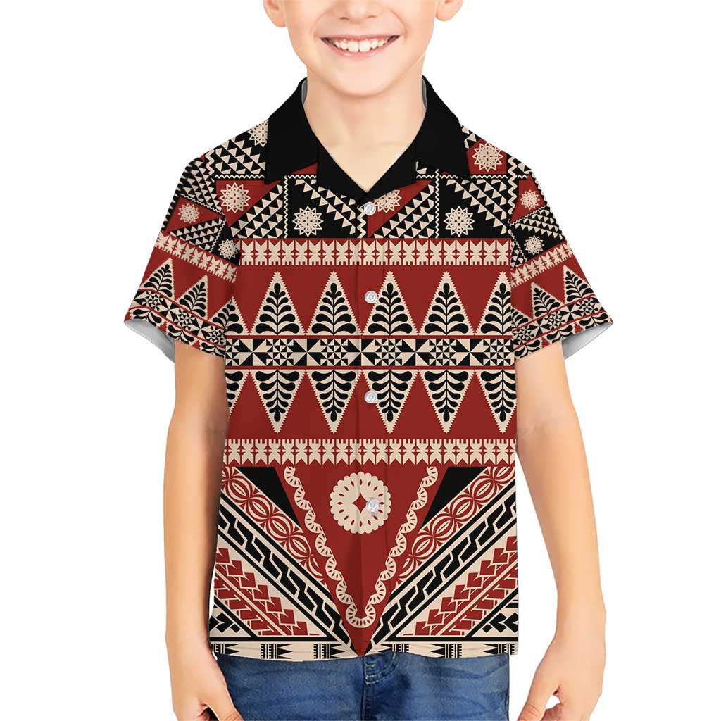 Vintage Bula Fiji Kid Hawaiian Shirt Red Tapa Masi Motif