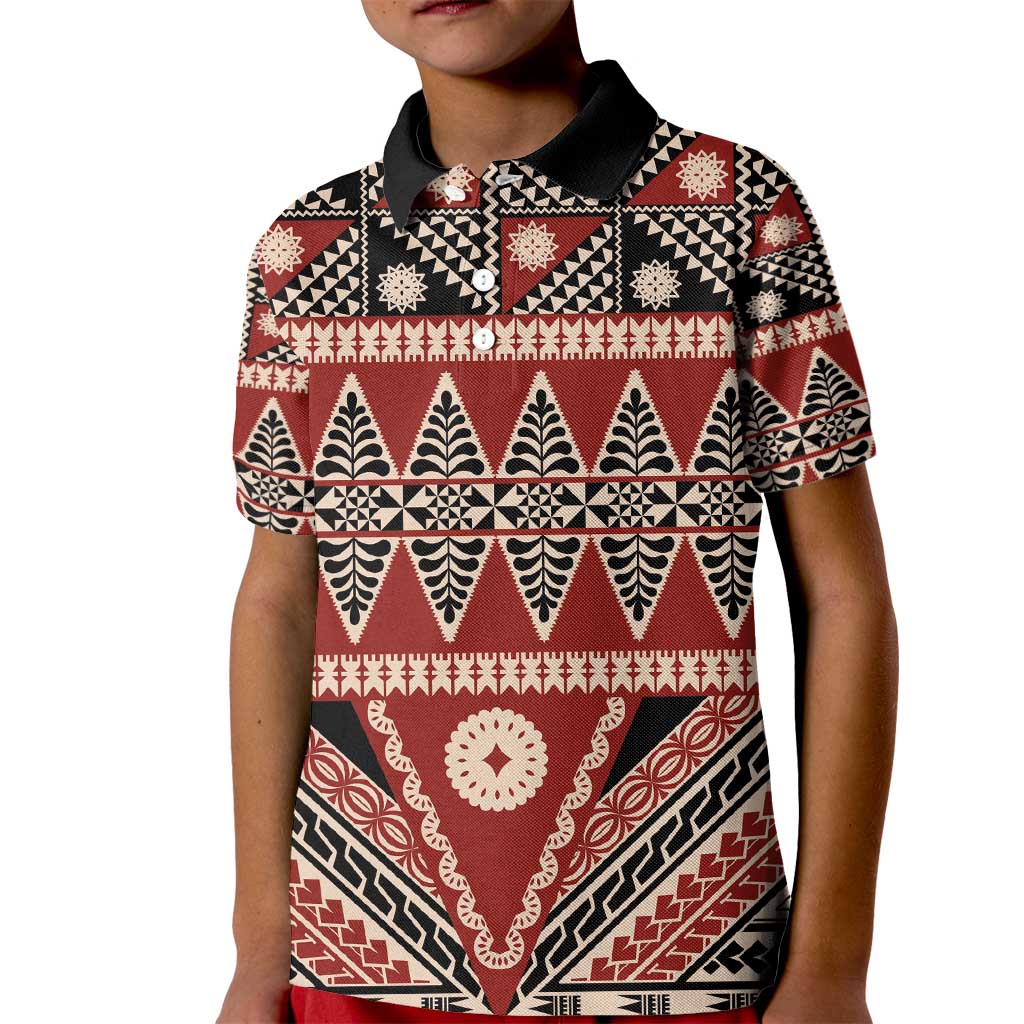 Vintage Bula Fiji Kid Polo Shirt Red Tapa Masi Motif