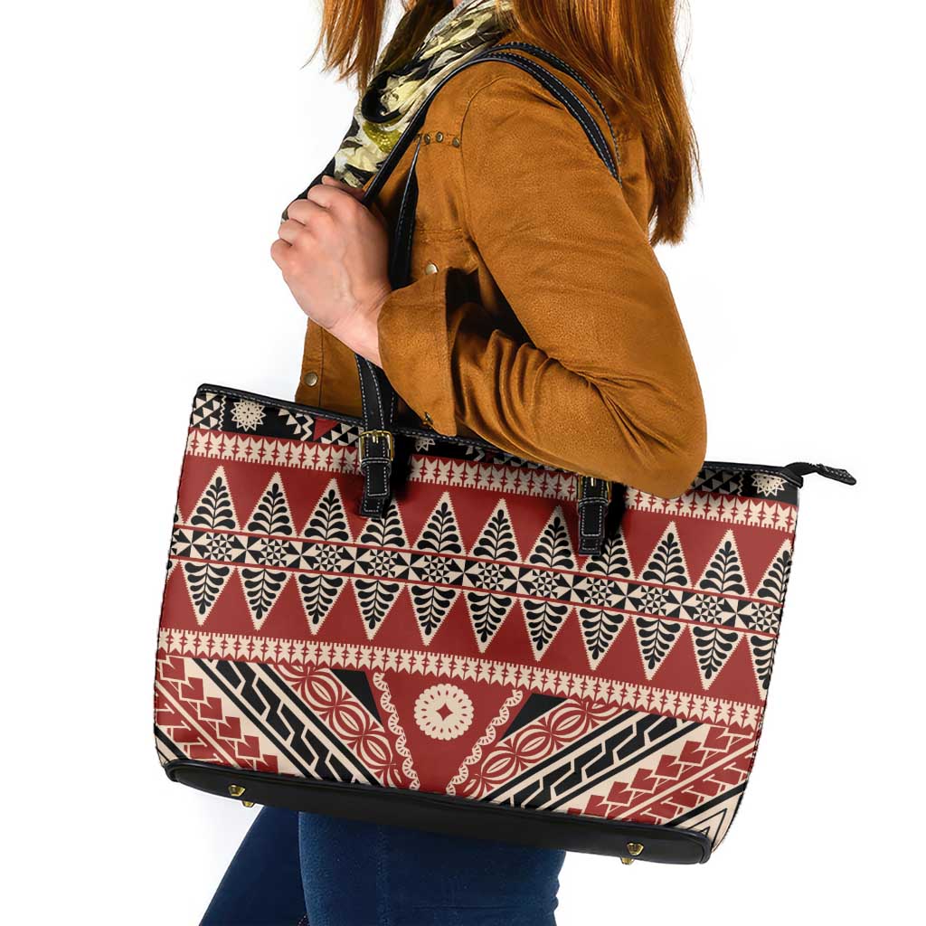 Vintage Bula Fiji Leather Tote Bag Red Tapa Masi Motif LT9 Red - Polynesian Pride