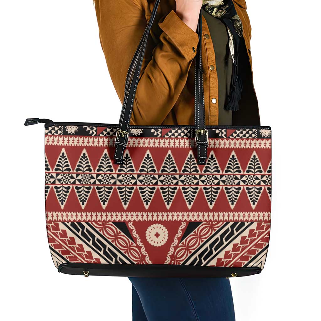 Vintage Bula Fiji Leather Tote Bag Red Tapa Masi Motif LT9 - Polynesian Pride