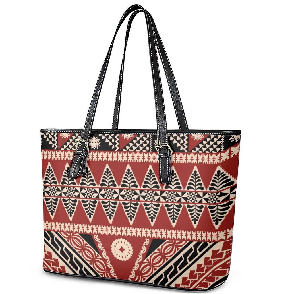 Vintage Bula Fiji Leather Tote Bag Red Tapa Masi Motif LT9 - Polynesian Pride