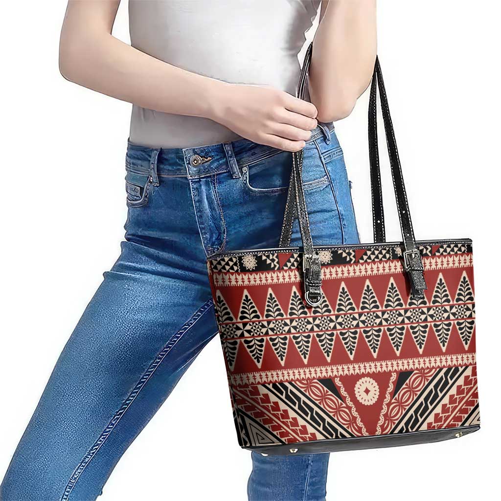 Vintage Bula Fiji Leather Tote Bag Red Tapa Masi Motif LT9 - Polynesian Pride