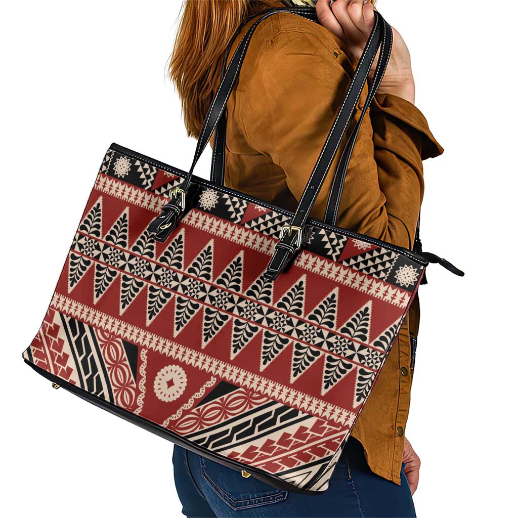 Vintage Bula Fiji Leather Tote Bag Red Tapa Masi Motif LT9 - Polynesian Pride